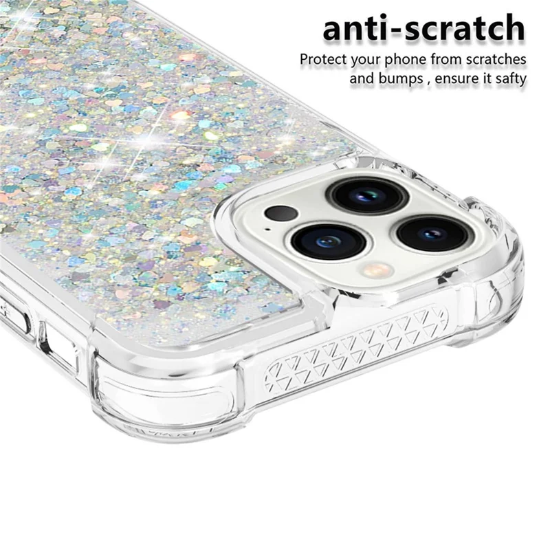 For iPhone 15 Pro TPU Case Glitter Quicksand Shockproof Phone Back Cover - Silver / Hearts