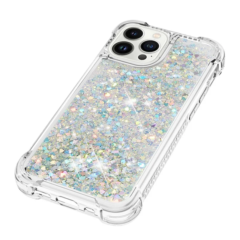 For iPhone 15 Pro TPU Case Glitter Quicksand Shockproof Phone Back Cover - Silver / Hearts