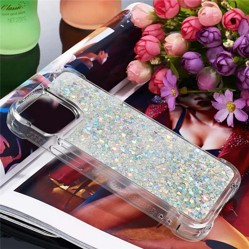 For iPhone 15 Pro TPU Case Glitter Quicksand Shockproof Phone Back Cover - Silver / Hearts