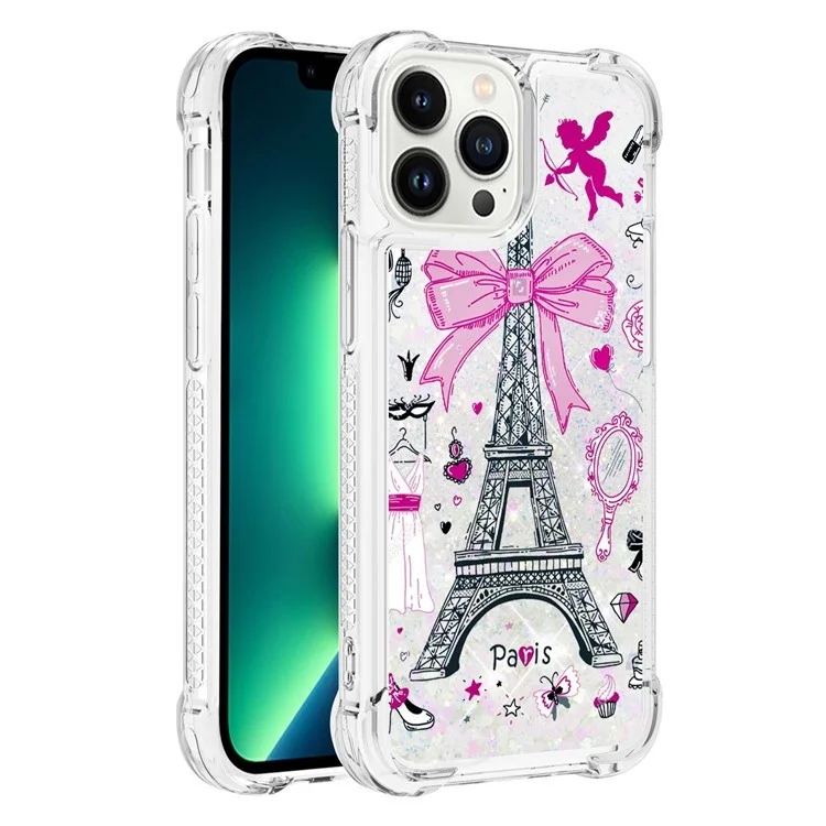 YB Quicksand Series-2 pour iPhone 15 Pro Glitter Liquid Phone Case Pattern Printing TPU Cover - Mirror / Tower