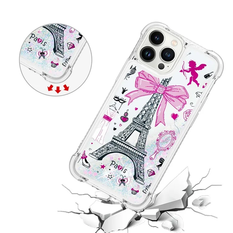YB Quicksand Series-2 pour iPhone 15 Pro Glitter Liquid Phone Case Pattern Printing TPU Cover - Mirror / Tower