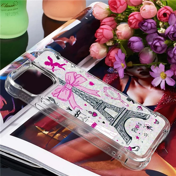 YB Quicksand Series-2 pour iPhone 15 Pro Glitter Liquid Phone Case Pattern Printing TPU Cover - Mirror / Tower