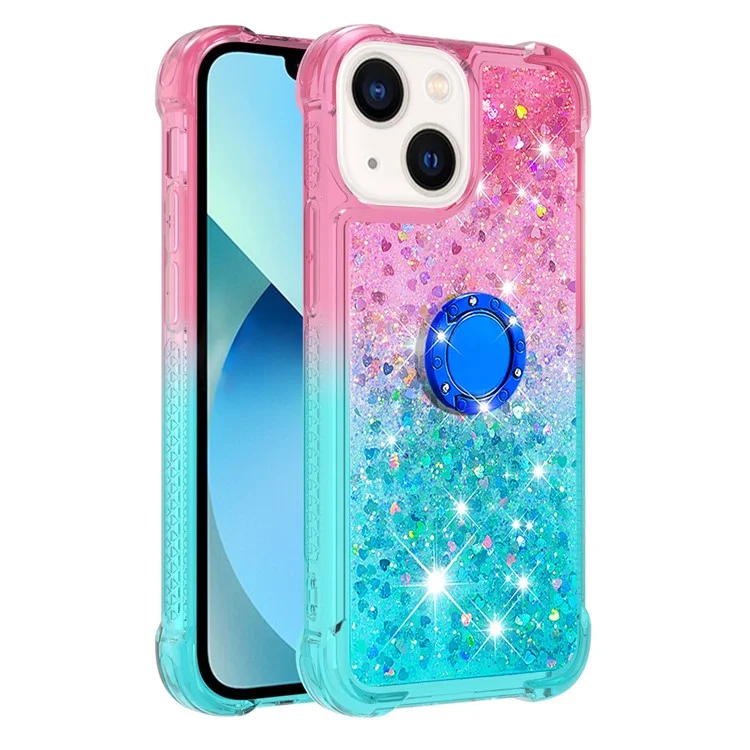 For iPhone 15 TPU Case with Kickstand Gradiant Quicksand Shockproof Cover - Pink+Sky Blue