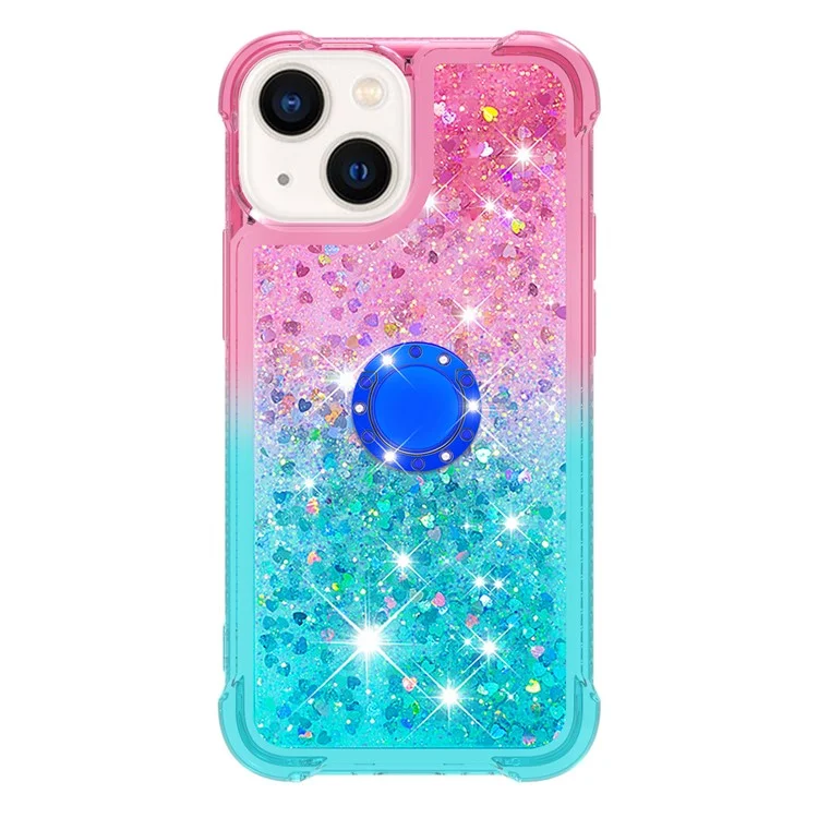 For iPhone 15 TPU Case with Kickstand Gradiant Quicksand Shockproof Cover - Pink+Sky Blue