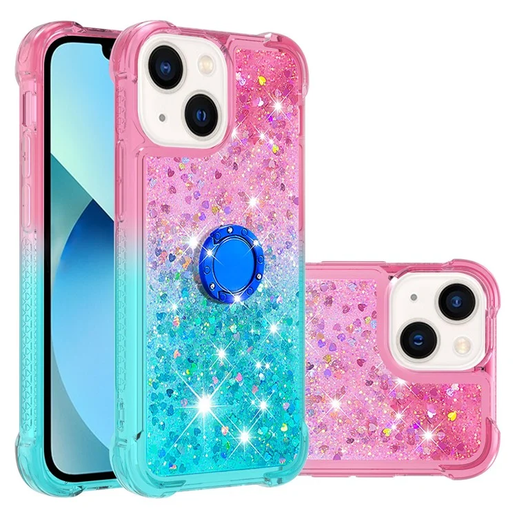 For iPhone 15 TPU Case with Kickstand Gradiant Quicksand Shockproof Cover - Pink+Sky Blue
