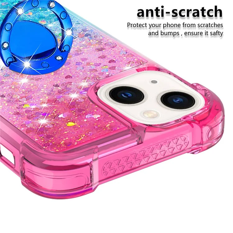 For iPhone 15 TPU Case with Kickstand Gradiant Quicksand Shockproof Cover - Pink+Sky Blue