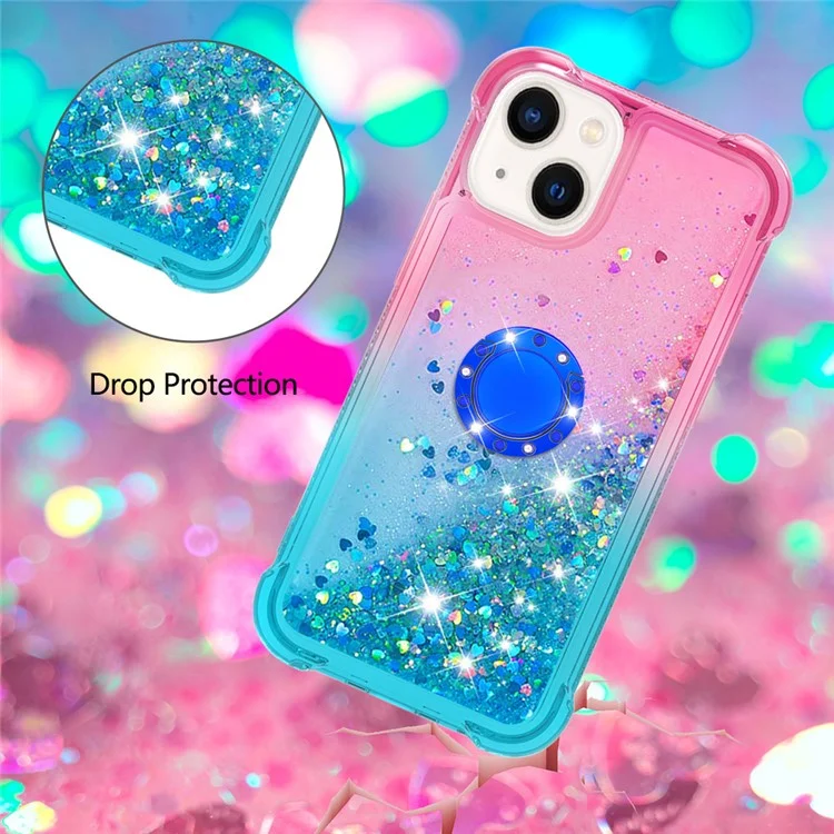 For iPhone 15 TPU Case with Kickstand Gradiant Quicksand Shockproof Cover - Pink+Sky Blue
