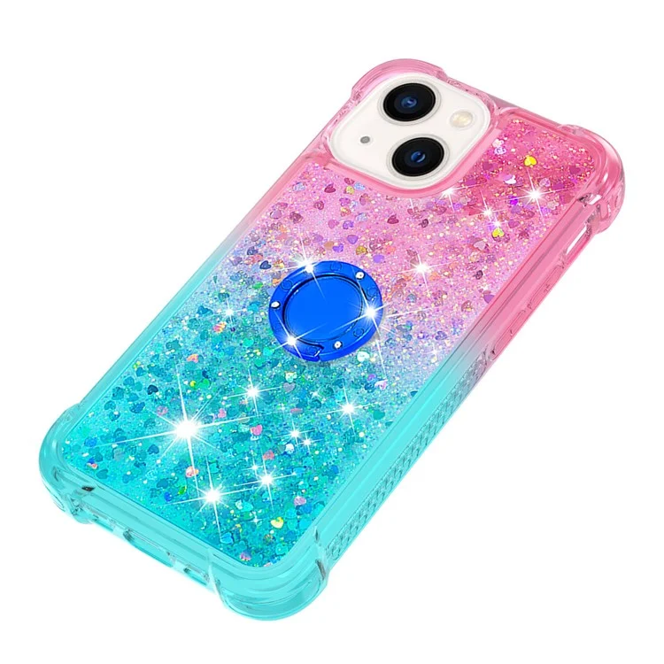 For iPhone 15 TPU Case with Kickstand Gradiant Quicksand Shockproof Cover - Pink+Sky Blue