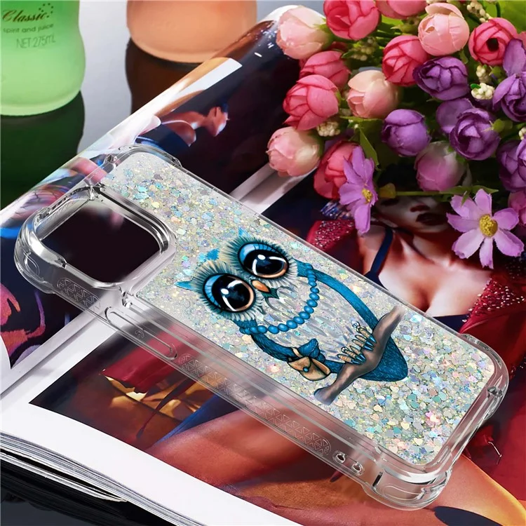 YB Quicksand Series-2 para iPhone 15 Funda de TPU con patrón de líquido fluyente Impresión a prueba de golpes Cubierta - Búho