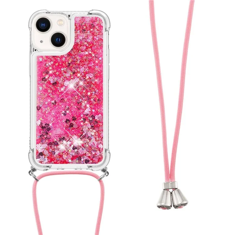 For iPhone 15 TPU Case Quicksand Design Phone Cover with Lanyard - Pink / Hearts