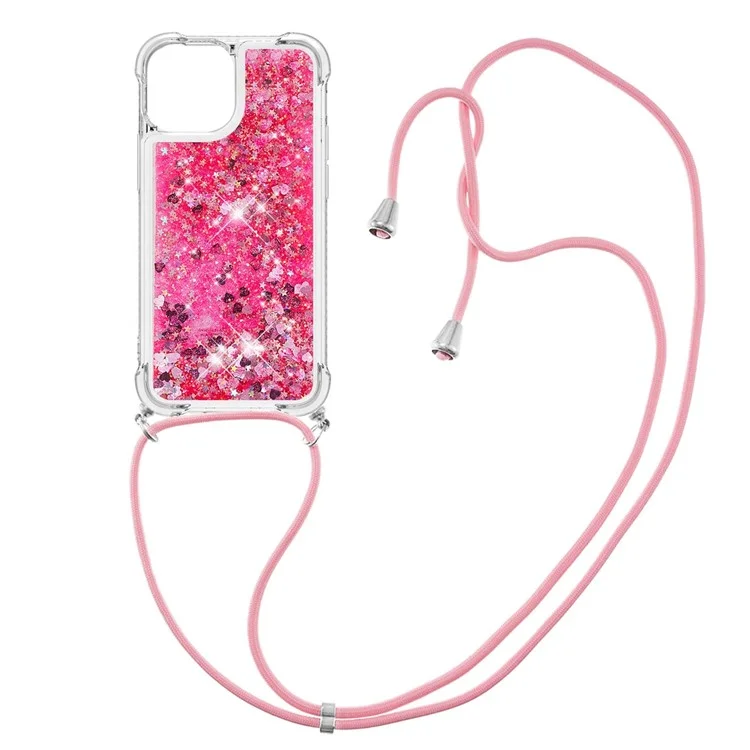 For iPhone 15 TPU Case Quicksand Design Phone Cover with Lanyard - Pink / Hearts