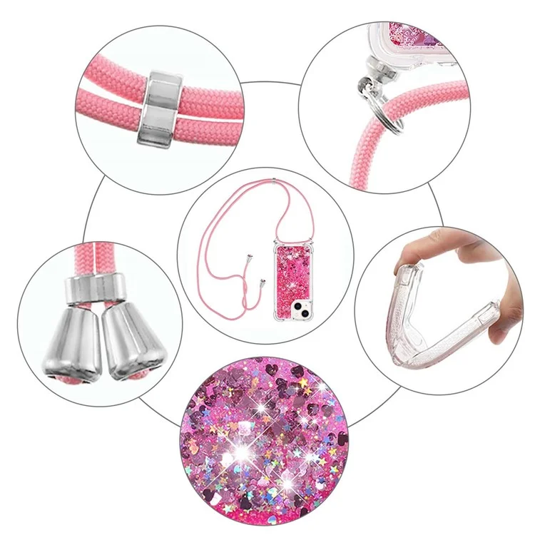 For iPhone 15 TPU Case Quicksand Design Phone Cover with Lanyard - Pink / Hearts