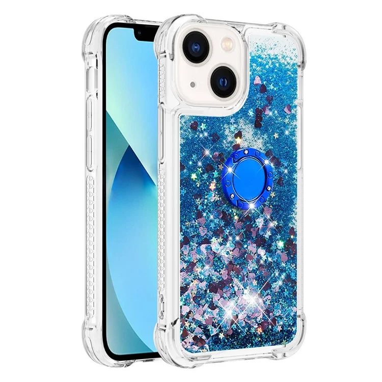 For iPhone 15 TPU Case with Kickstand Quicksand Shockproof Cover - Blue / Hearts