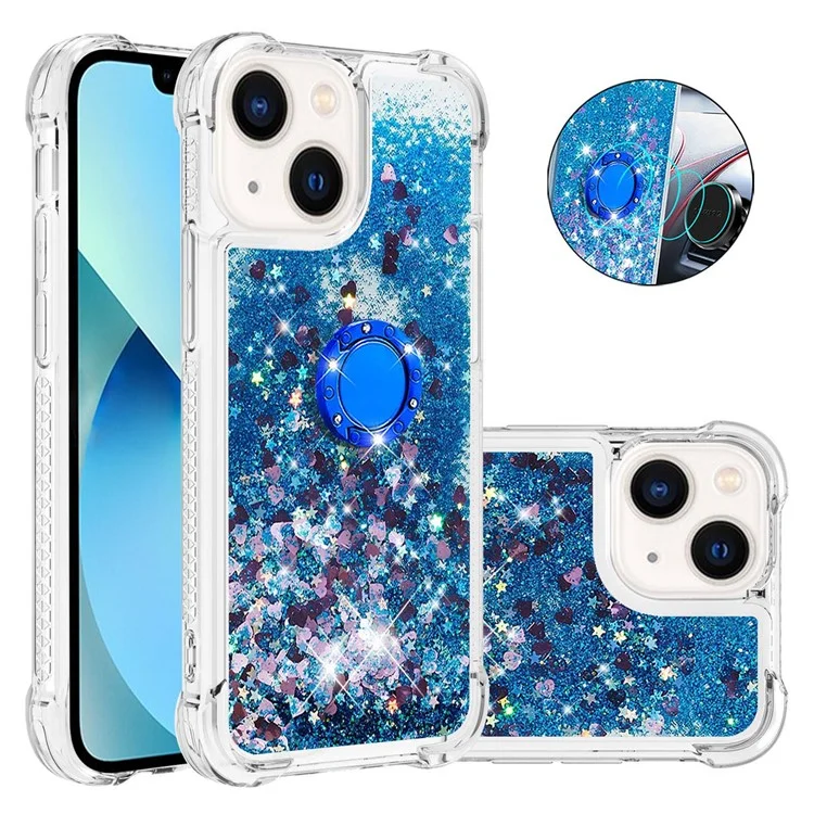 For iPhone 15 TPU Case with Kickstand Quicksand Shockproof Cover - Blue / Hearts