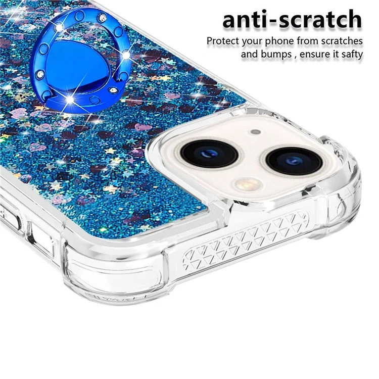 For iPhone 15 TPU Case with Kickstand Quicksand Shockproof Cover - Blue / Hearts