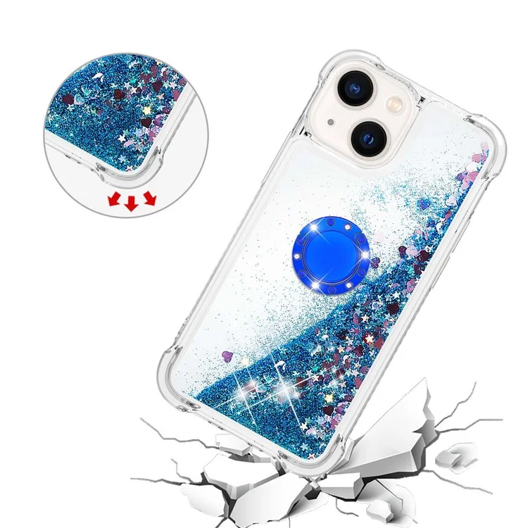 For iPhone 15 TPU Case with Kickstand Quicksand Shockproof Cover - Blue / Hearts