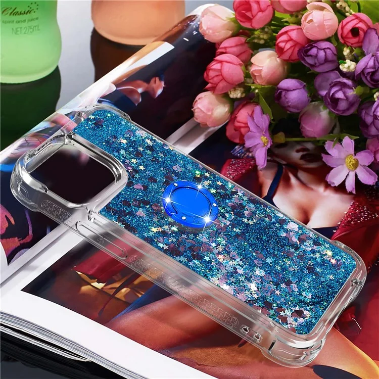 For iPhone 15 TPU Case with Kickstand Quicksand Shockproof Cover - Blue / Hearts