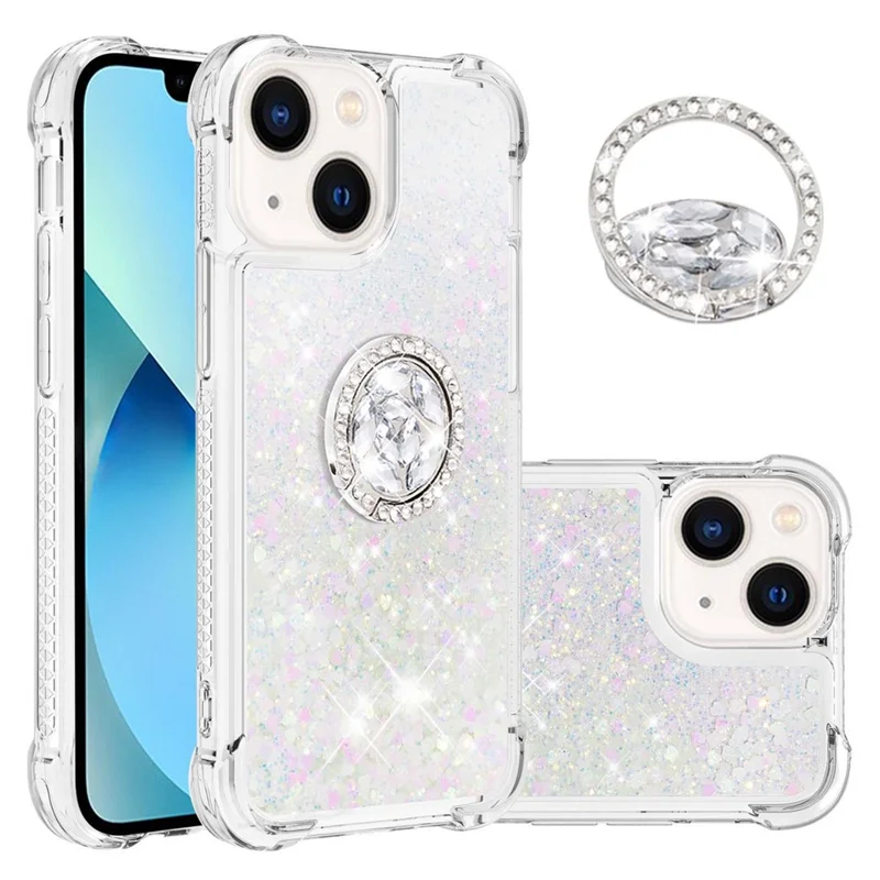For iPhone 15 TPU Case with Kickstand Quicksand Shockproof Cover - Laser / Hearts