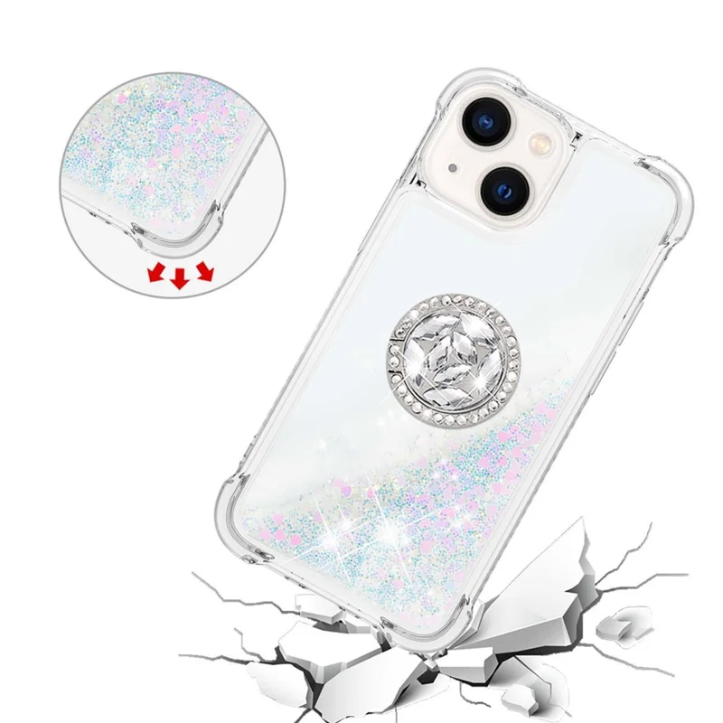 For iPhone 15 TPU Case with Kickstand Quicksand Shockproof Cover - Laser / Hearts