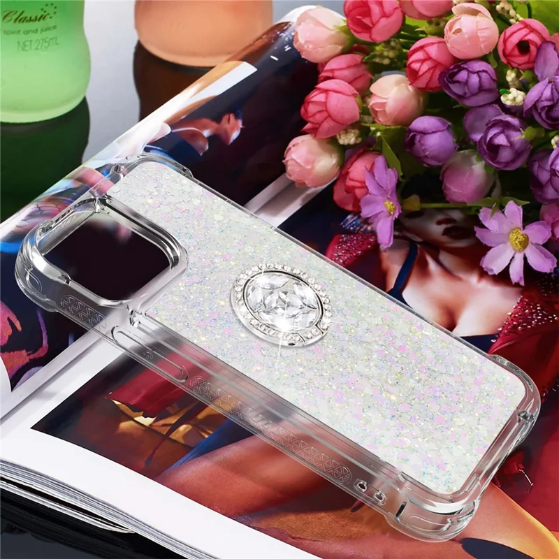 For iPhone 15 TPU Case with Kickstand Quicksand Shockproof Cover - Laser / Hearts