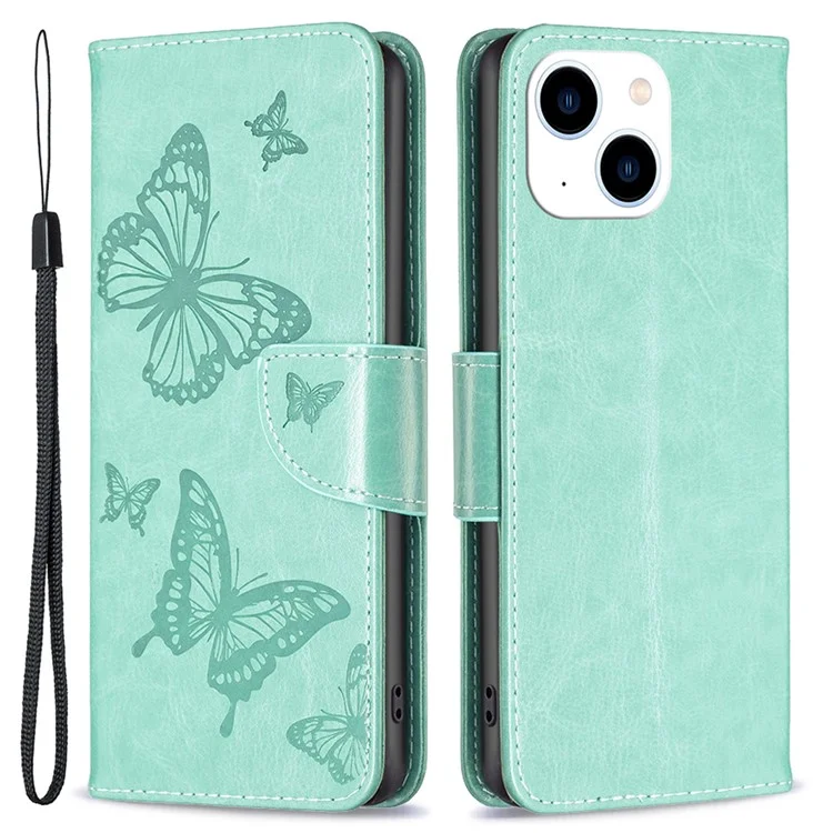 Pour iPhone 15 Foldable Stand Wallet Phone Flip Case Butterfly Imprinted Leather Cover with Strap - Vert