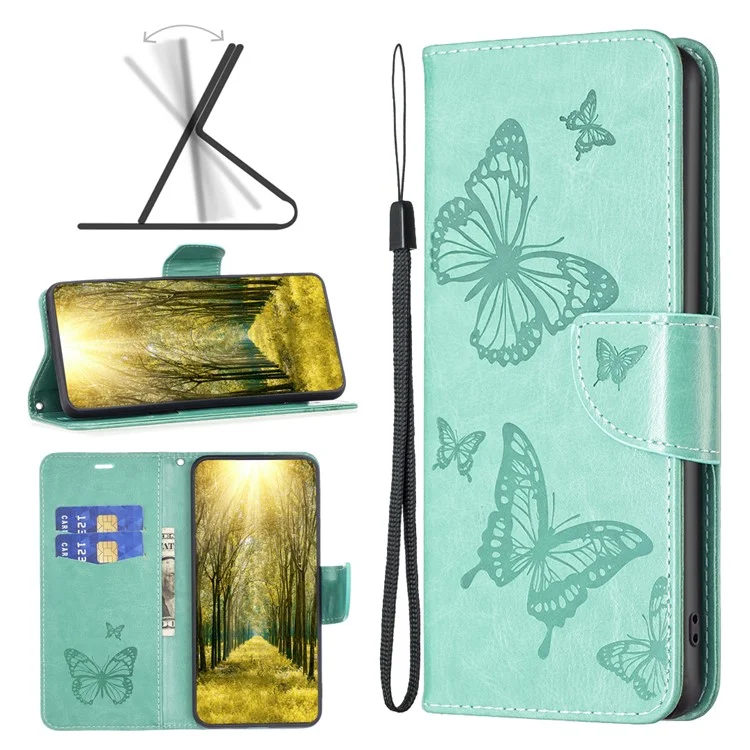 Pour iPhone 15 Foldable Stand Wallet Phone Flip Case Butterfly Imprinted Leather Cover with Strap - Vert