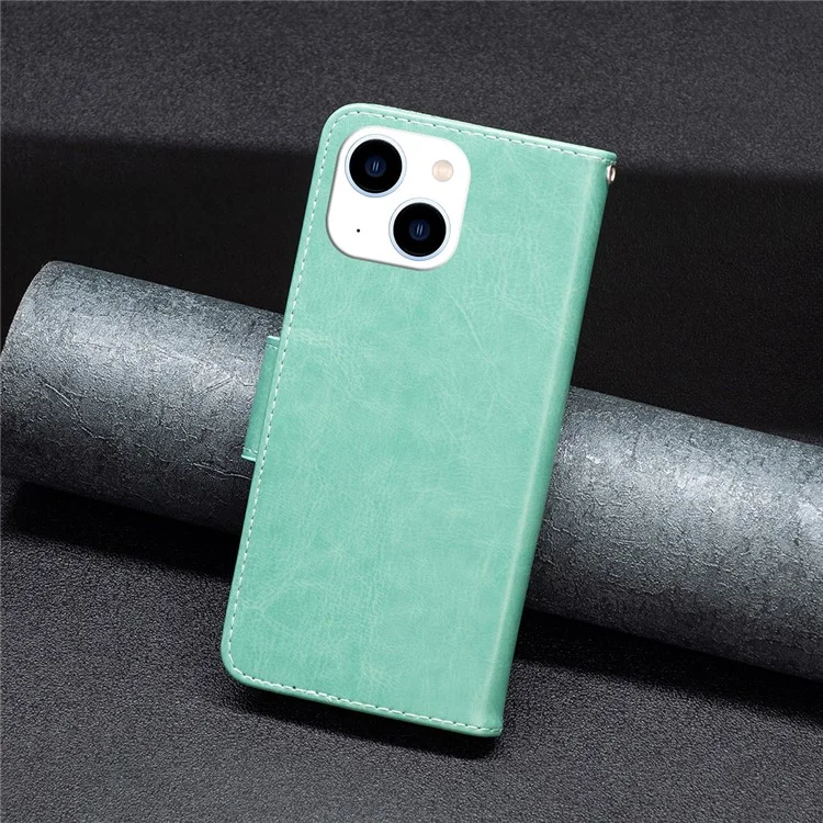 Pour iPhone 15 Foldable Stand Wallet Phone Flip Case Butterfly Imprinted Leather Cover with Strap - Vert