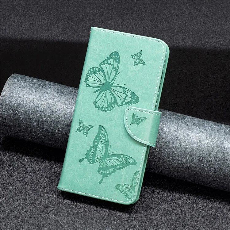 Pour iPhone 15 Foldable Stand Wallet Phone Flip Case Butterfly Imprinted Leather Cover with Strap - Vert