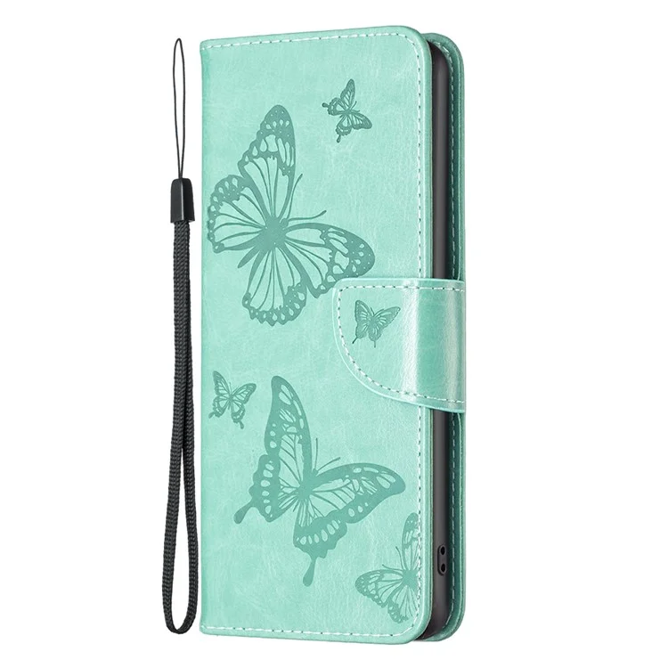 Pour iPhone 15 Foldable Stand Wallet Phone Flip Case Butterfly Imprinted Leather Cover with Strap - Vert