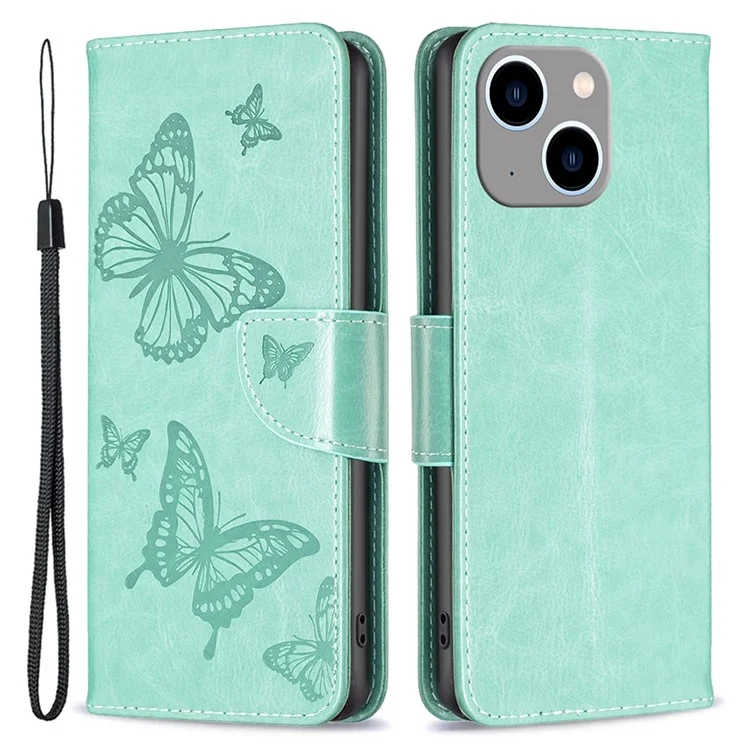 Per iPhone 15 Plus Anti-Dust Stand Wallet Phone Flip Case Butterfly Imprinted Leather Cover with Strap - Verde
