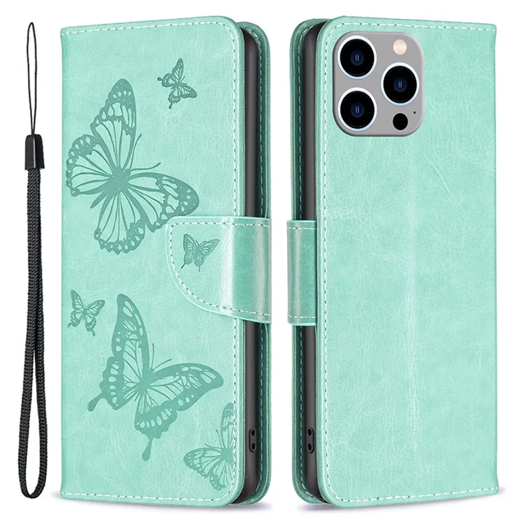 Funda Tipo Cartera para iPhone 15 Pro Max con Mariposas Impresas, de Cuero Antirroces, con Soporte y Correa - Verde