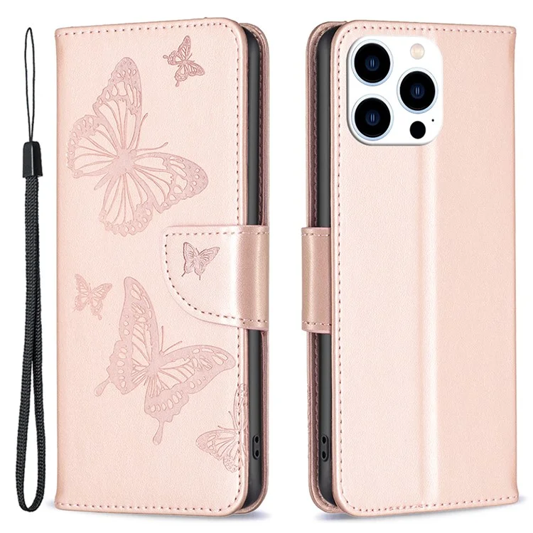 For iPhone 15 Pro Shockproof Phone Flip Case Butterfly Imprinted Leather Stand Wallet Cover with Strap - Rose Gold