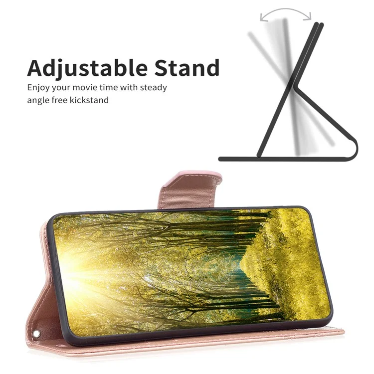 For iPhone 15 Pro Shockproof Phone Flip Case Butterfly Imprinted Leather Stand Wallet Cover with Strap - Rose Gold