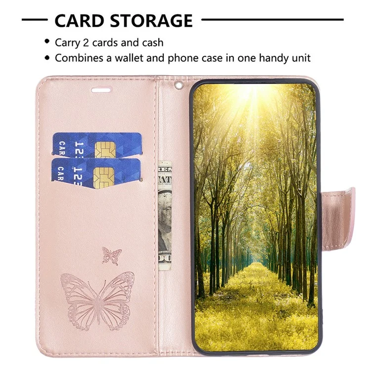 For iPhone 15 Pro Shockproof Phone Flip Case Butterfly Imprinted Leather Stand Wallet Cover with Strap - Rose Gold