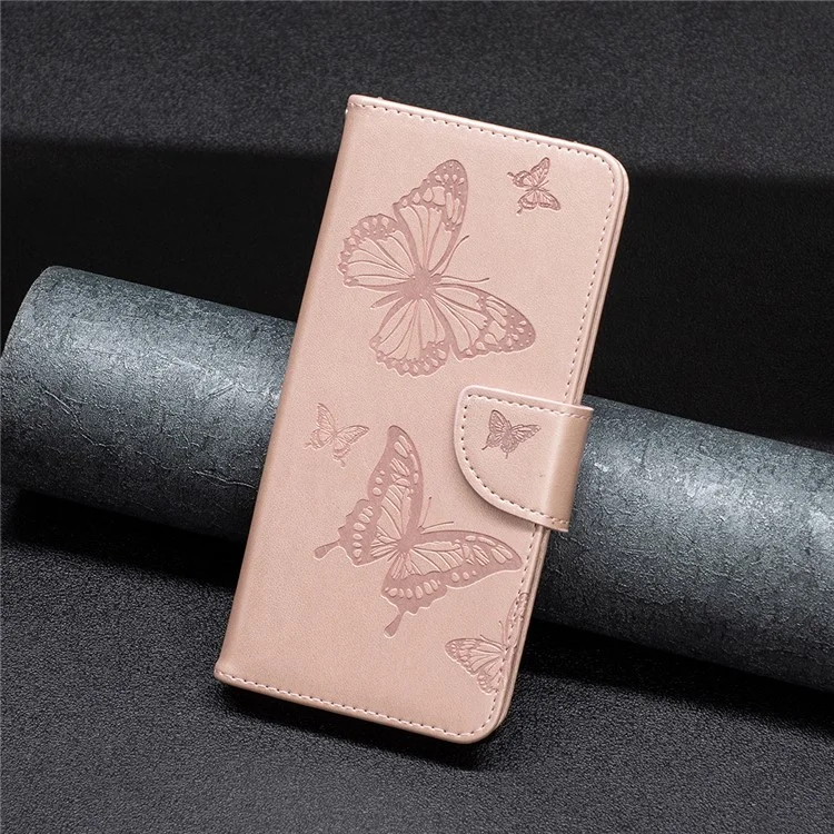 For iPhone 15 Pro Shockproof Phone Flip Case Butterfly Imprinted Leather Stand Wallet Cover with Strap - Rose Gold