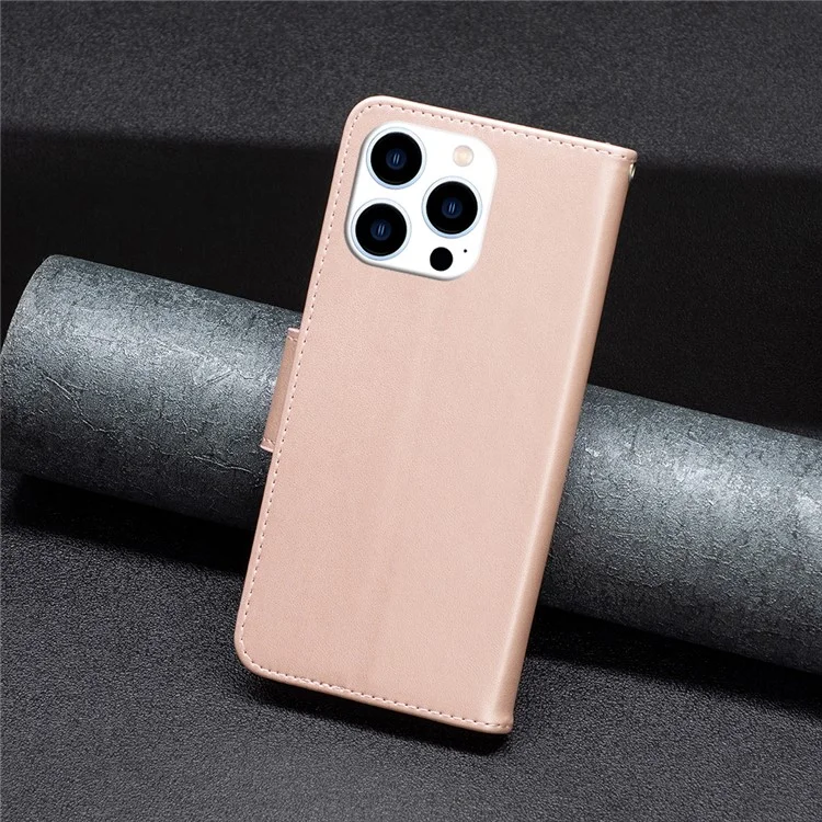 For iPhone 15 Pro Shockproof Phone Flip Case Butterfly Imprinted Leather Stand Wallet Cover with Strap - Rose Gold