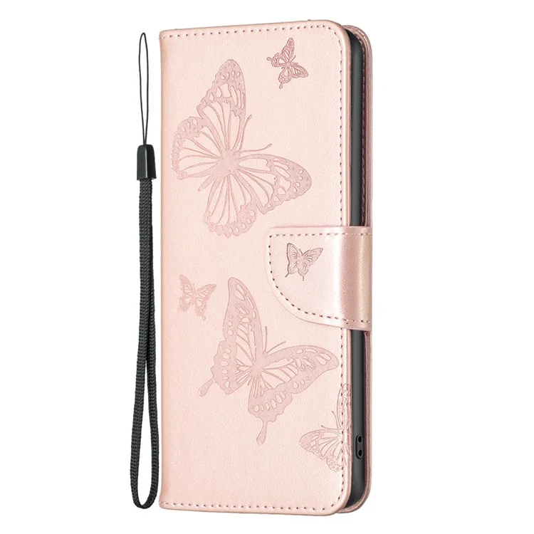 For iPhone 15 Pro Shockproof Phone Flip Case Butterfly Imprinted Leather Stand Wallet Cover with Strap - Rose Gold