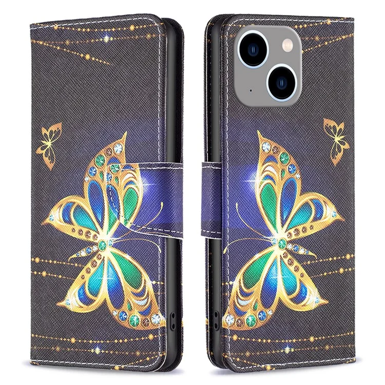 Para iPhone 15 Plus Carteira Caso de Telefone de Couro PU Padrão de Impressão Stand Protective Phone Cover - Jóias Borboleta