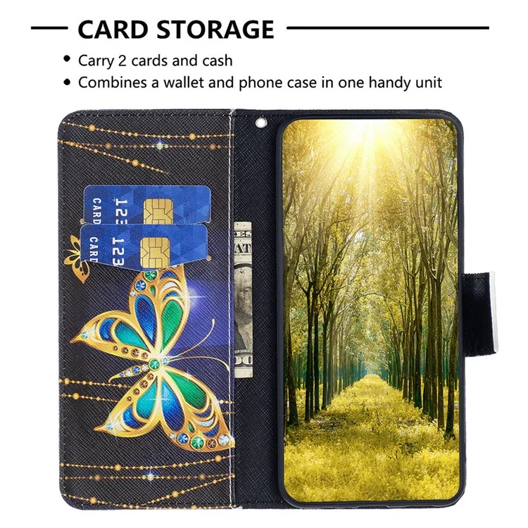 Para iPhone 15 Plus Carteira Caso de Telefone de Couro PU Padrão de Impressão Stand Protective Phone Cover - Jóias Borboleta