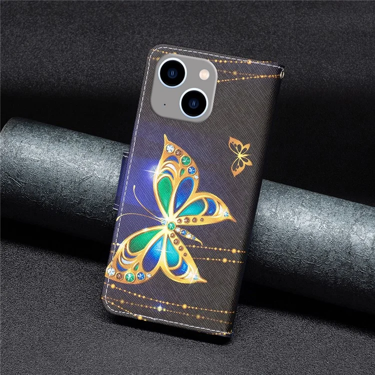 Para iPhone 15 Plus Carteira Caso de Telefone de Couro PU Padrão de Impressão Stand Protective Phone Cover - Jóias Borboleta