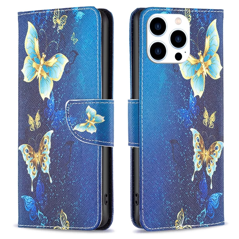 PU Leather Stand Wallet Case voor iPhone 15 Pro, Pattern Printing Full Protection Telefoonhoes - Gouden Vlinders