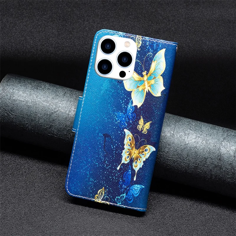 PU Leather Stand Wallet Case voor iPhone 15 Pro, Pattern Printing Full Protection Telefoonhoes - Gouden Vlinders