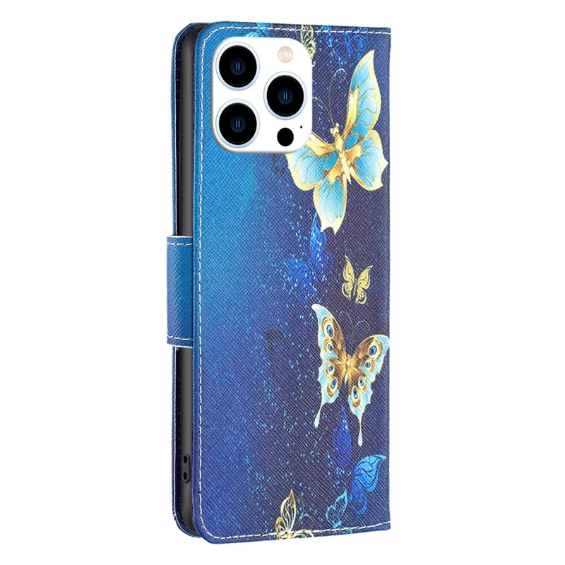 PU Leather Stand Wallet Case voor iPhone 15 Pro, Pattern Printing Full Protection Telefoonhoes - Gouden Vlinders