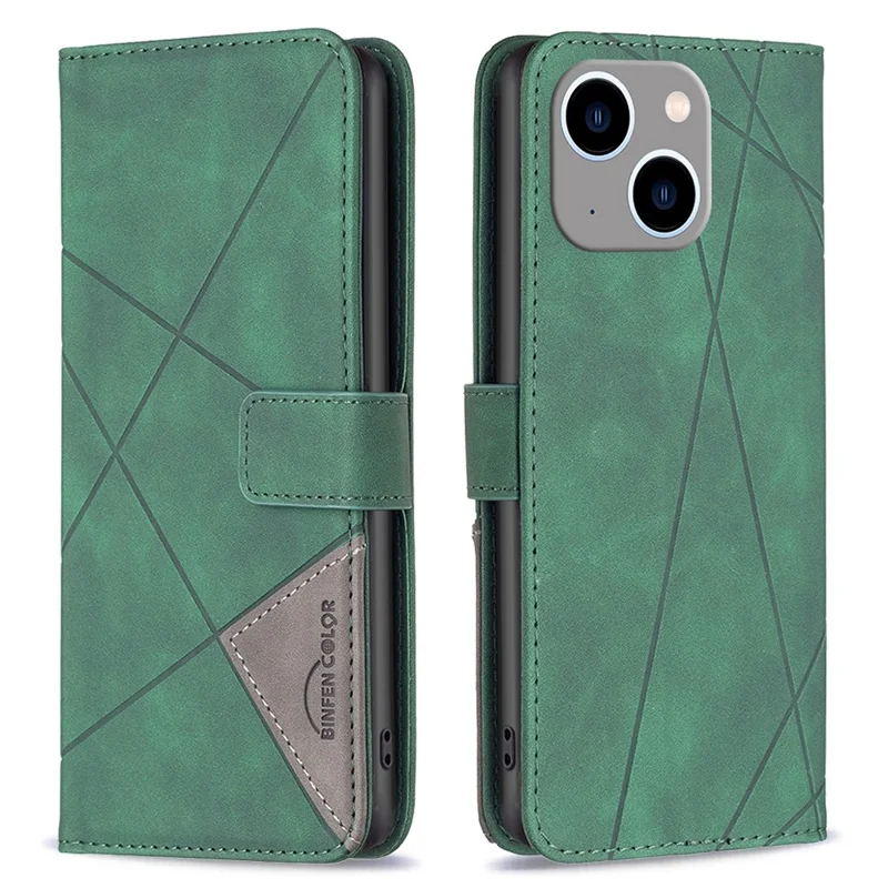 BINFEN COLOR For iPhone 15 Plus Phone Cases Wallet Stand Geometry Imprint Leather Cover - Green