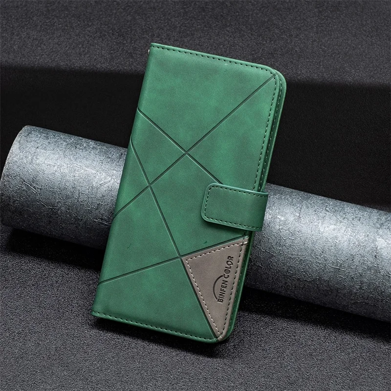 BINFEN COLOR For iPhone 15 Plus Phone Cases Wallet Stand Geometry Imprint Leather Cover - Green