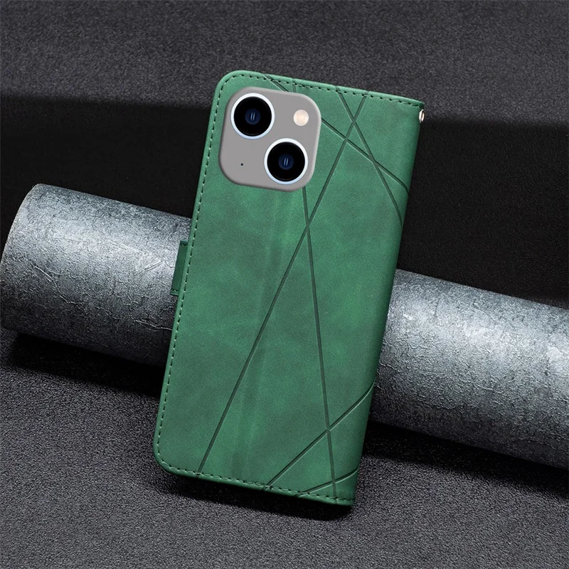 BINFEN COLOR For iPhone 15 Plus Phone Cases Wallet Stand Geometry Imprint Leather Cover - Green