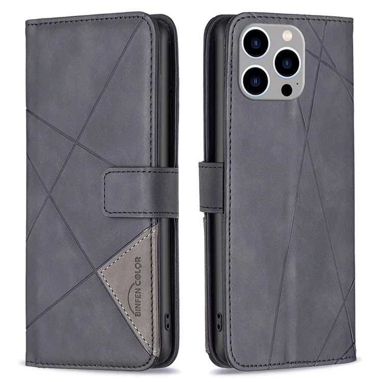 BINFEN COLOR BF05 Phone Case для iPhone 15 Pro Max, Stand Imprinted Wallet PU Leather Cover - Black