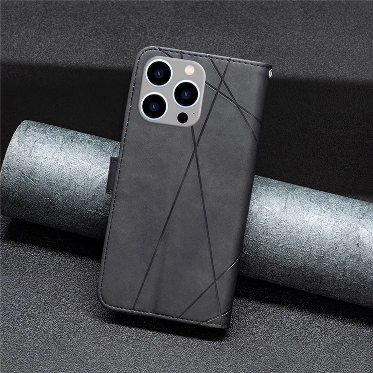 BINFEN COLOR BF05 Phone Case для iPhone 15 Pro Max, Stand Imprinted Wallet PU Leather Cover - Black