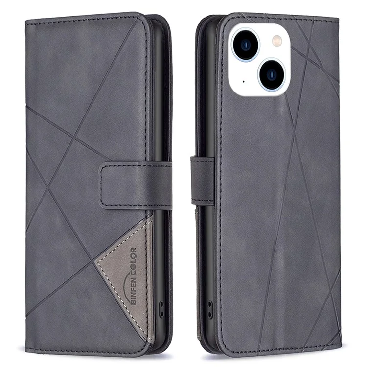BINFEN COLOR For iPhone 15 Phone Cases Wallet Stand Geometry Imprinted Leather Cover - Black