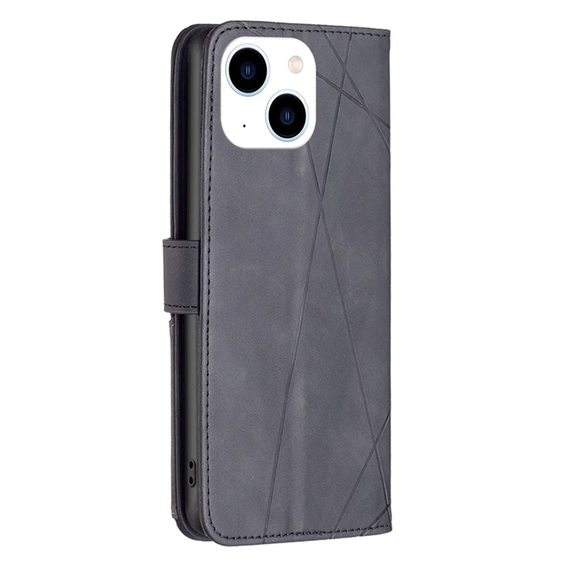 BINFEN COLOR For iPhone 15 Phone Cases Wallet Stand Geometry Imprinted Leather Cover - Black